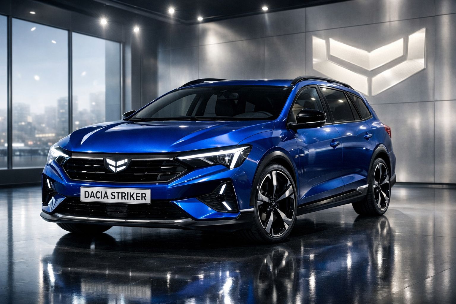 Carro Dacia Striker azul metálico, estacionado em ambiente moderno com parede cinzenta e símbolo iluminado.