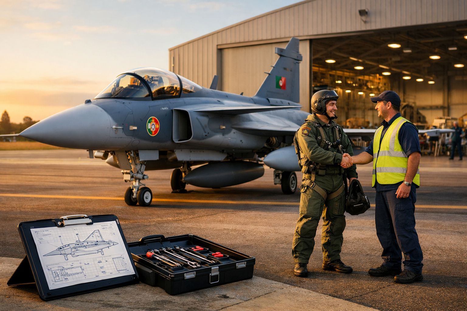 Piloto militar cumprimenta técnico junto a avião de caça numa base aérea ao pôr do sol.