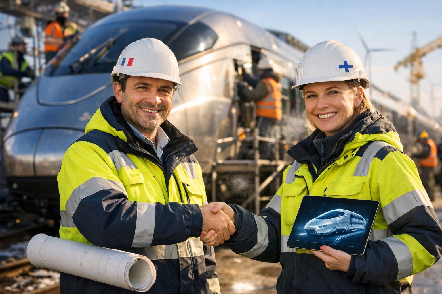 Dois engenheiros com capacetes e coletes de segurança apertam as mãos numa estação de comboios.
