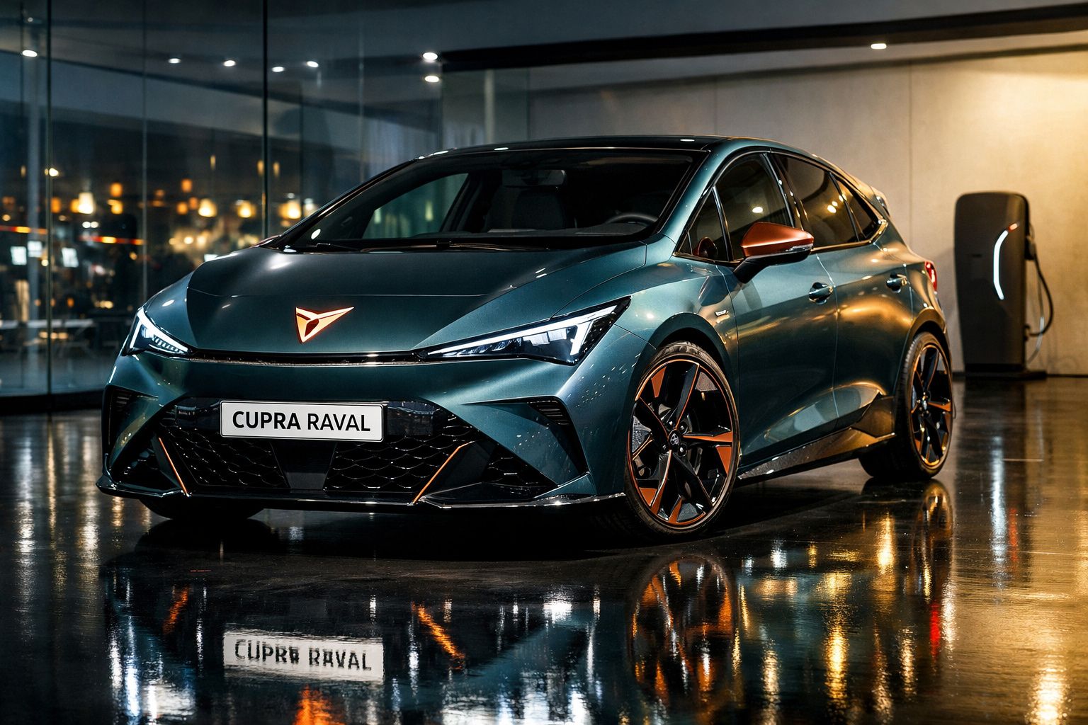 Cupra Raval elétrico verde escuro estacionado interior com rodas e espelhos em bronze.