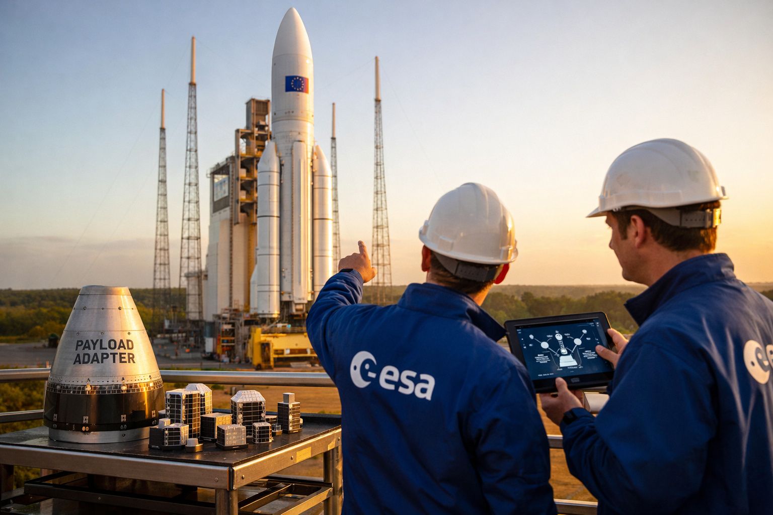 Dois técnicos da ESA observam e controlam o lançamento de um foguetão com logo da União Europeia ao pôr do sol.