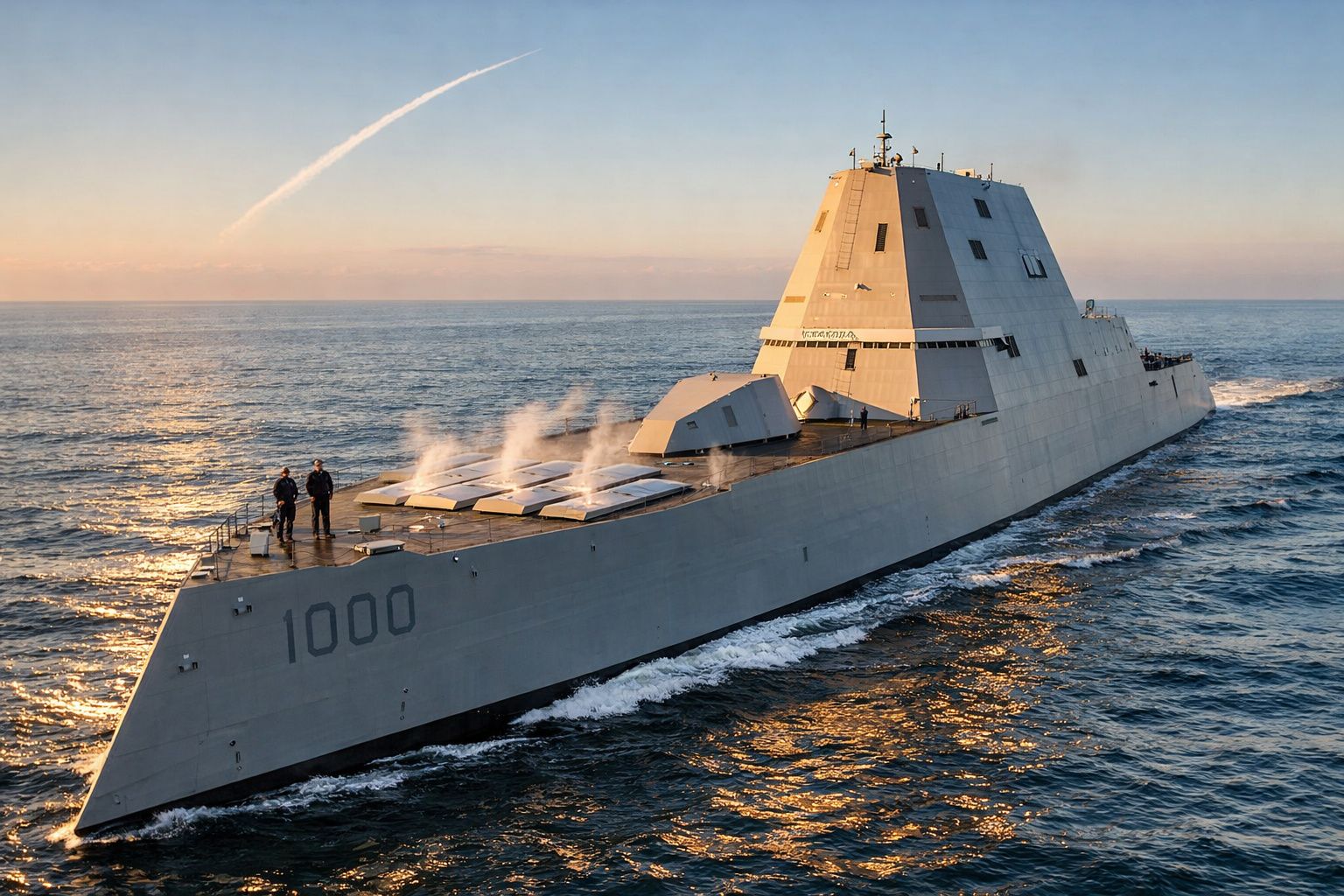 Navio de guerra moderno em mar calmo ao pôr do sol com duas pessoas no convés.