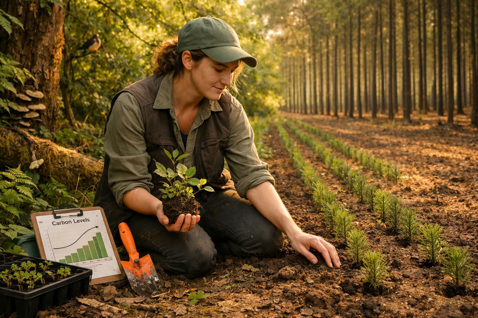 Mulher a plantar muda numa área florestal, com gráfico de níveis de carbono ao lado.
