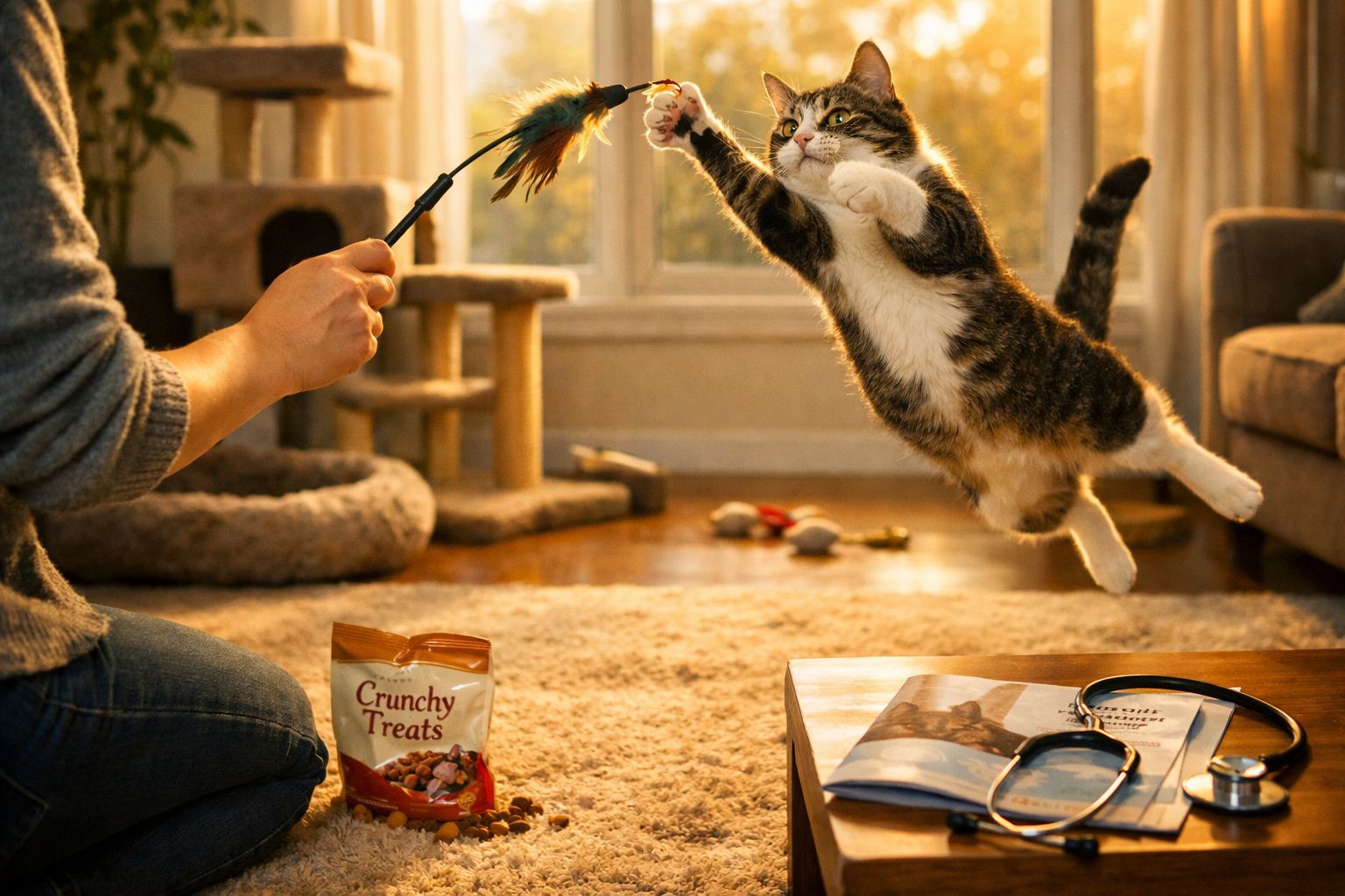 Gato a saltar para apanhar brinquedo de penas numa sala iluminada com sacos de petiscos no chão.