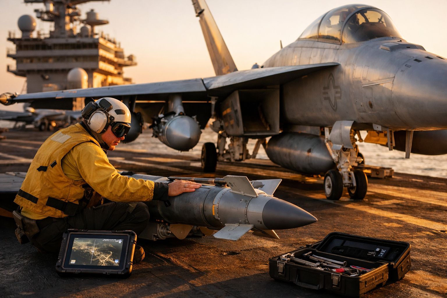 Militar em roupa amarela prepara míssil ao lado de avião de combate numa plataforma de porta-aviões ao pôr do sol.