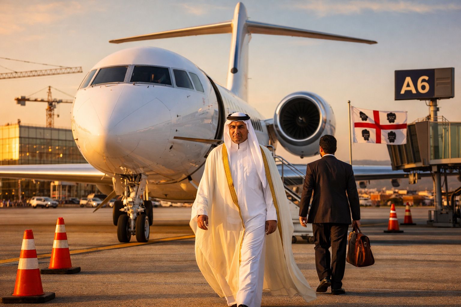 Homem árabe em traje tradicional e homem de negócios caminham junto a avião privado no aeroporto ao pôr do sol.