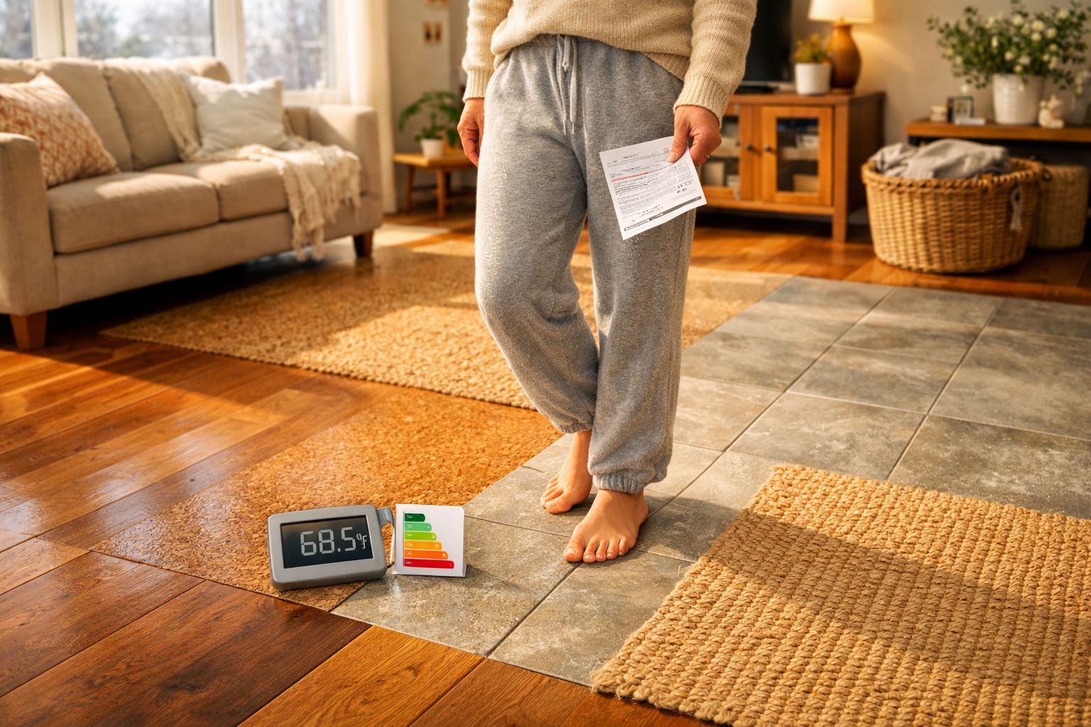 Pessoa descalça em casa com termómetro digital e etiqueta de eficiência energética no chão ao lado.