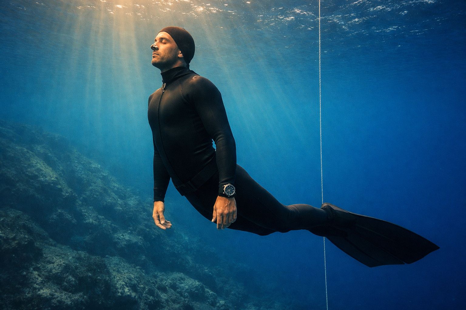 Mergulhador em fato de neoprene preto a flutuar calmamente submerso no mar perto de uma corda branca.