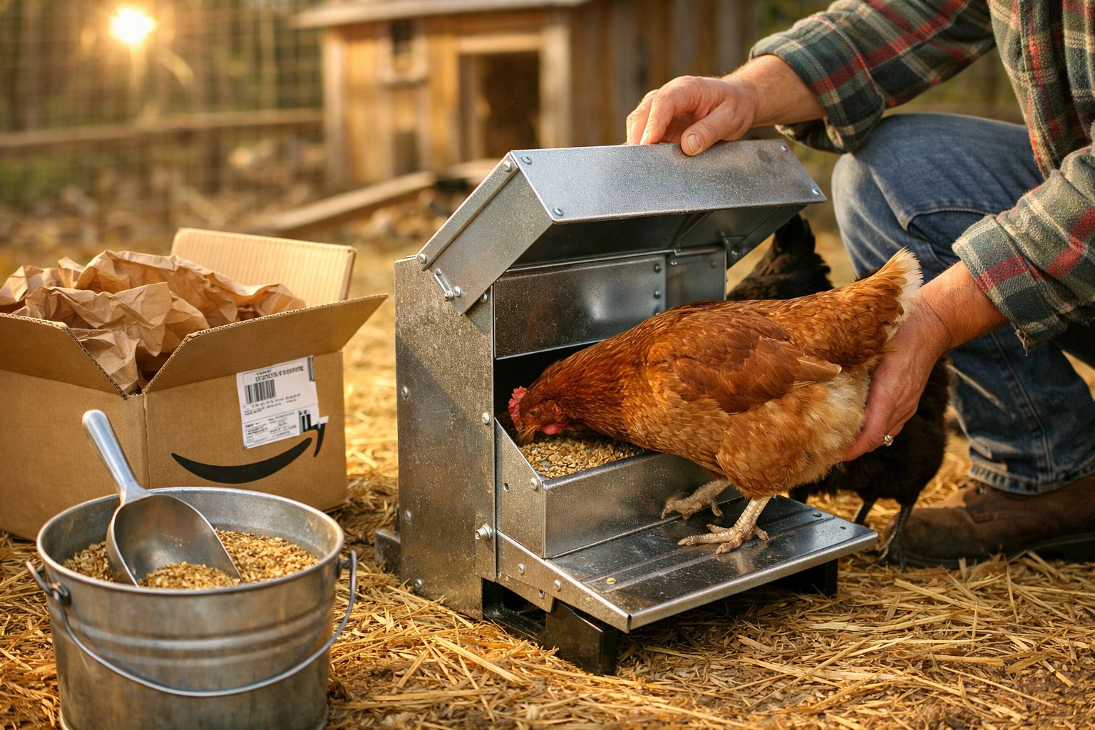 Pessoa a alimentar uma galinha com um comedouro metálico numa área com palha e um balde com grãos.