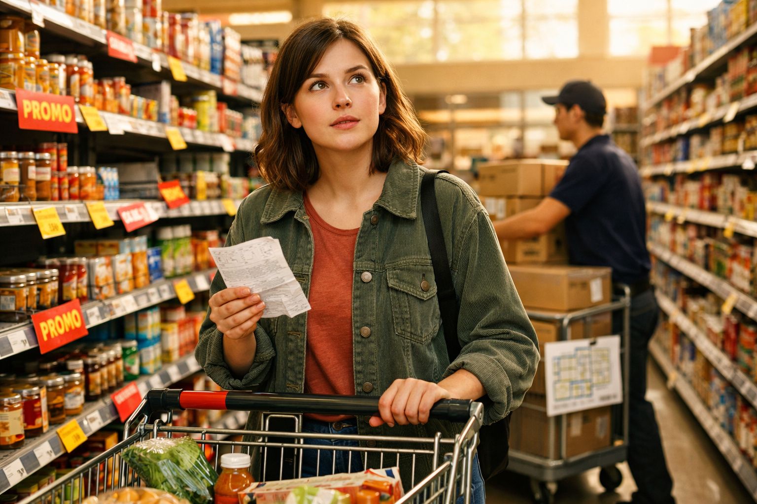 Mulher a fazer compras no supermercado, segurando uma lista enquanto olha para as prateleiras com promoções.