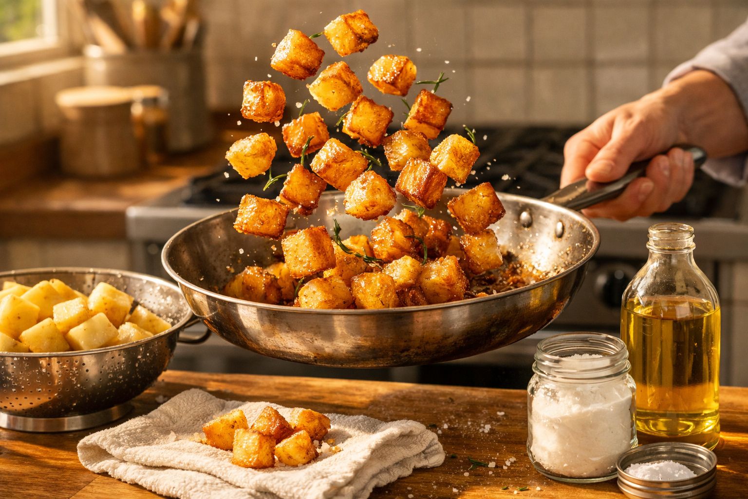 Cubos dourados a serem salteados numa frigideira com ervas, ao lado de óleo e sal, numa cozinha rústica.