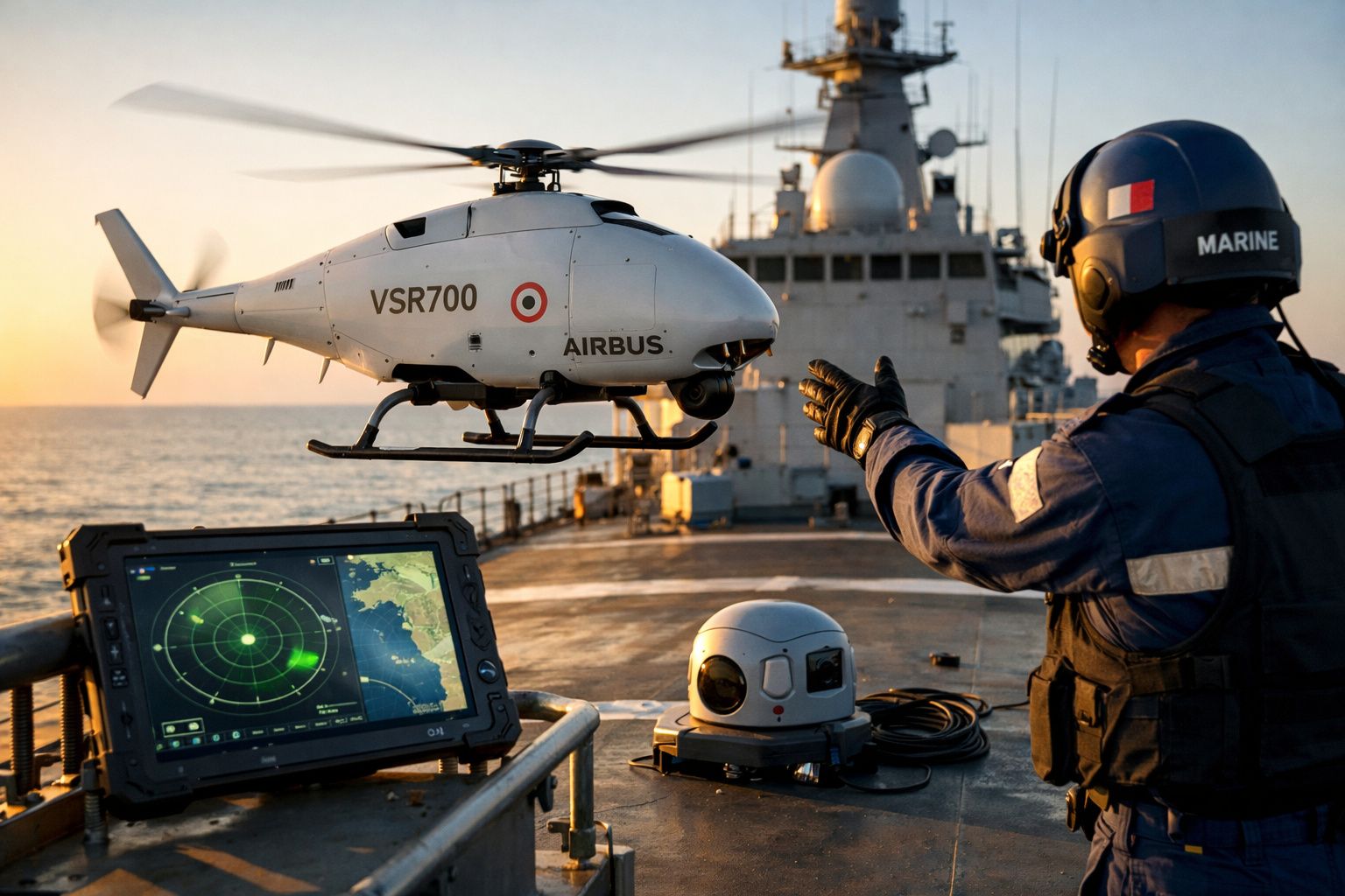 Helicóptero de vigilância Airbus VSR700 a ser operado por militar na cobertura de um navio no mar ao pôr do sol.
