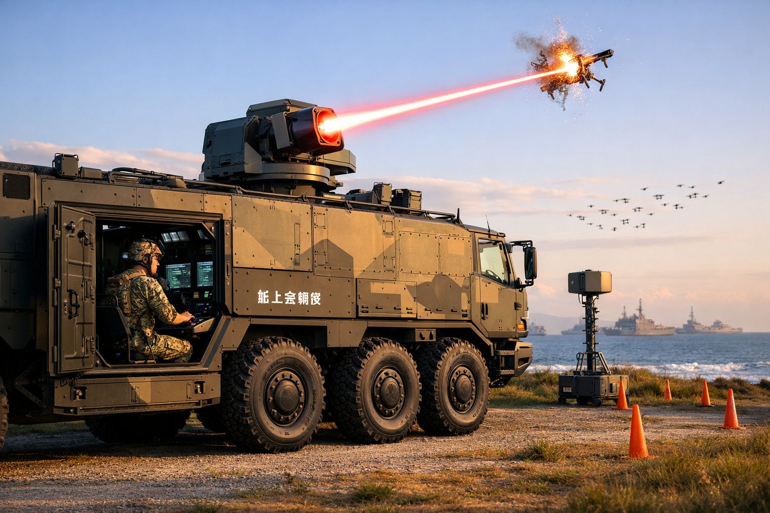 Veículo militar com canhão laser a destruir drone voador sobre terreno costeiro durante exercício naval.
