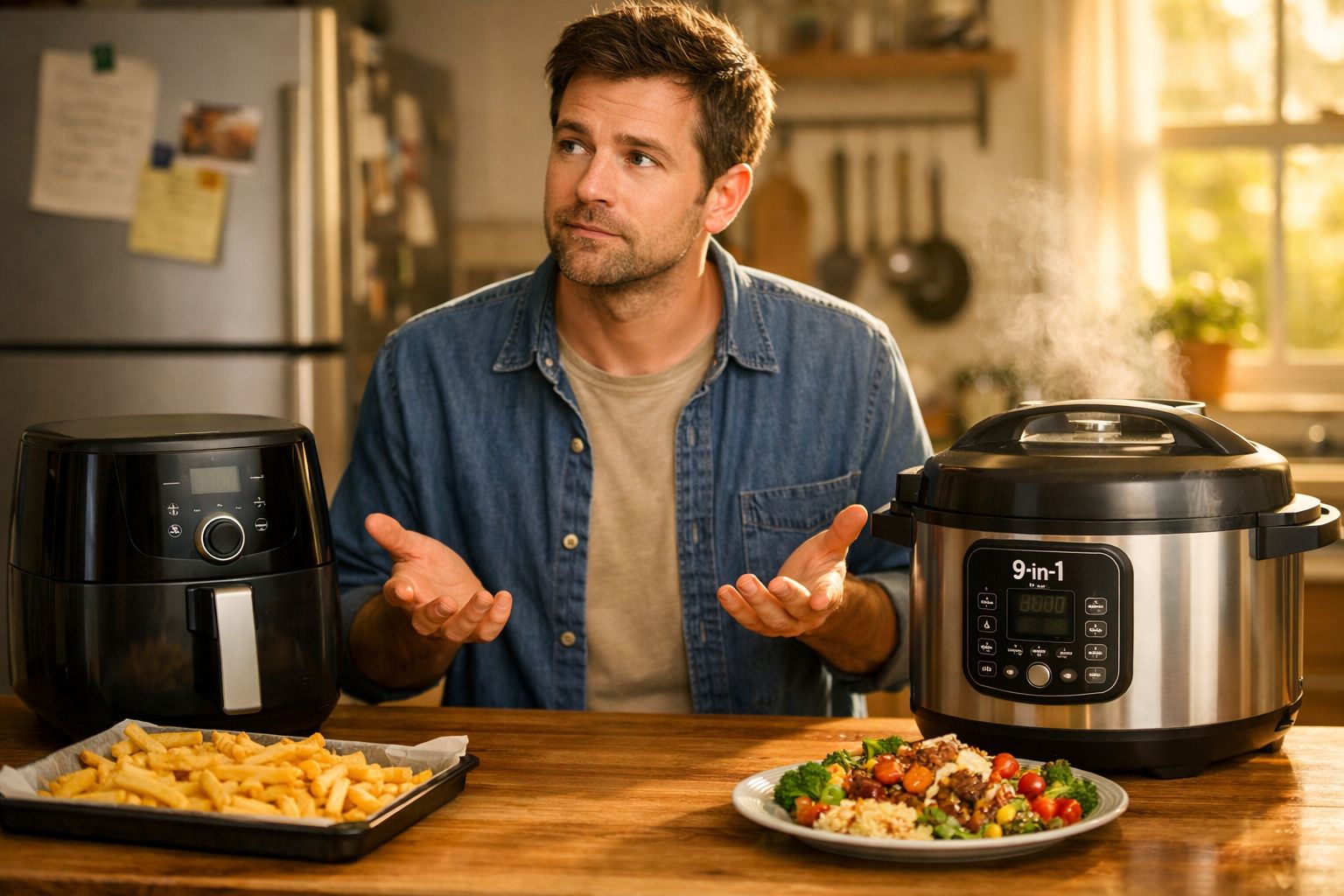 Homem indeciso escolhe entre frigideira elétrica e panela elétrica para cozinhar na cozinha.