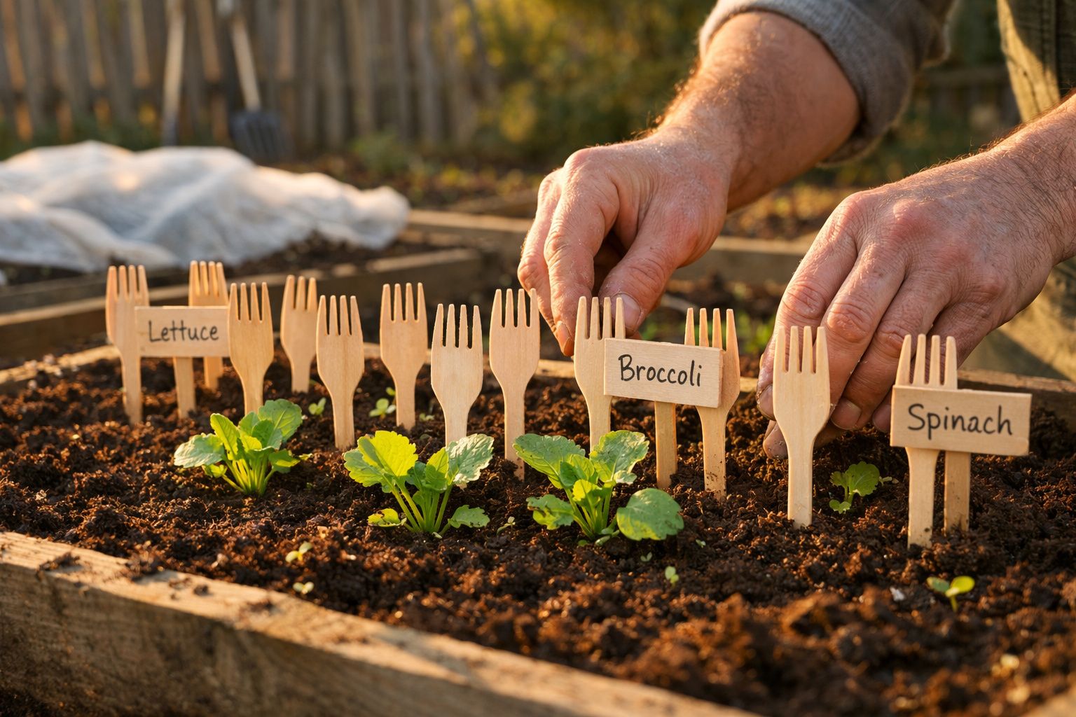 Mãos a colocar etiquetas em plástico com nomes de plantas em canteiro de hortaliças com alface, brócolos e espinafres.