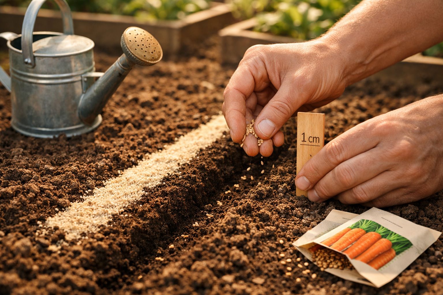 Mãos a plantar sementes em terra com marcador de 1 cm e regador metálico ao fundo num jardim.