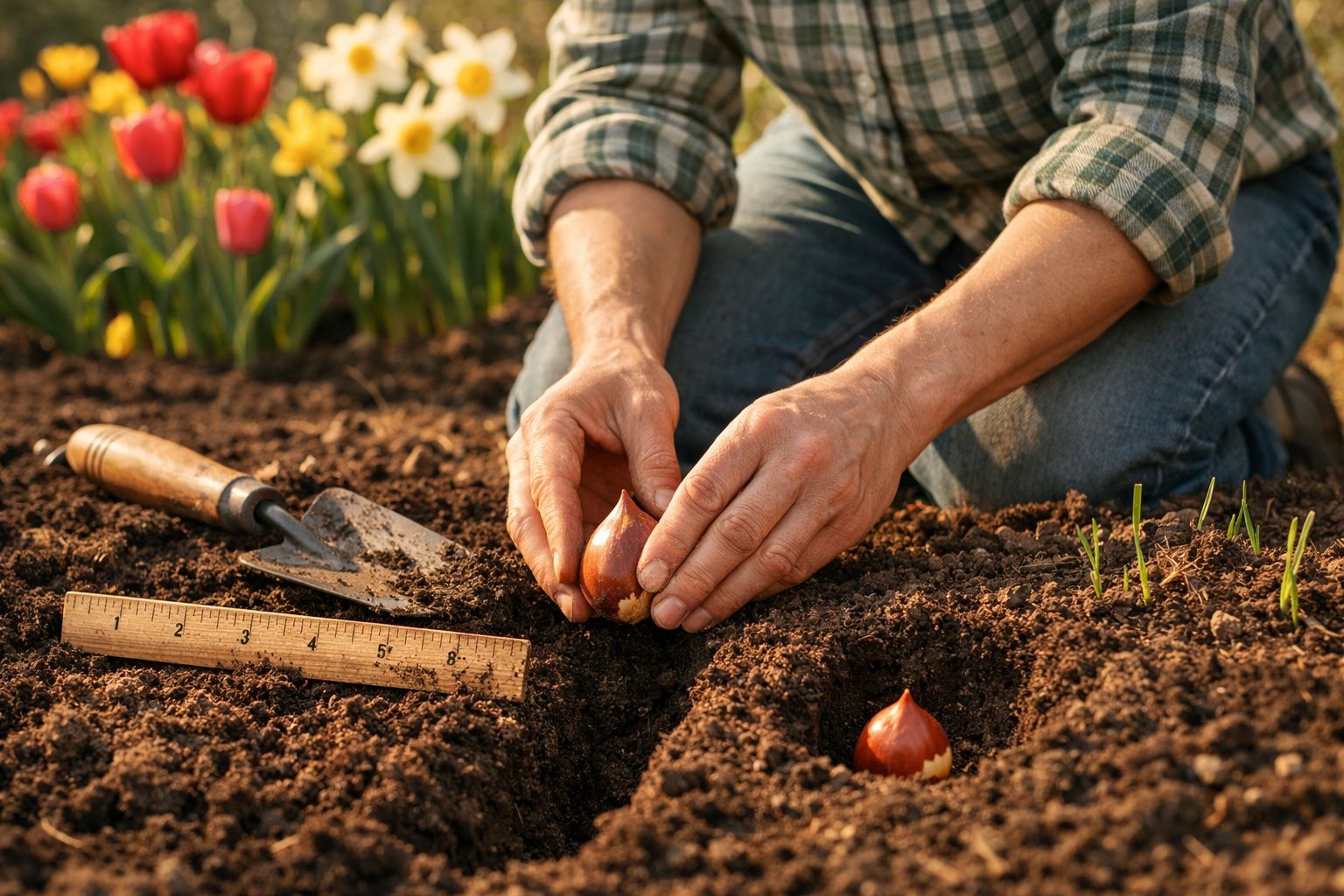 Pessoa a plantar bolbos na terra num jardim com flores coloridas ao fundo, espátula e régua visíveis.