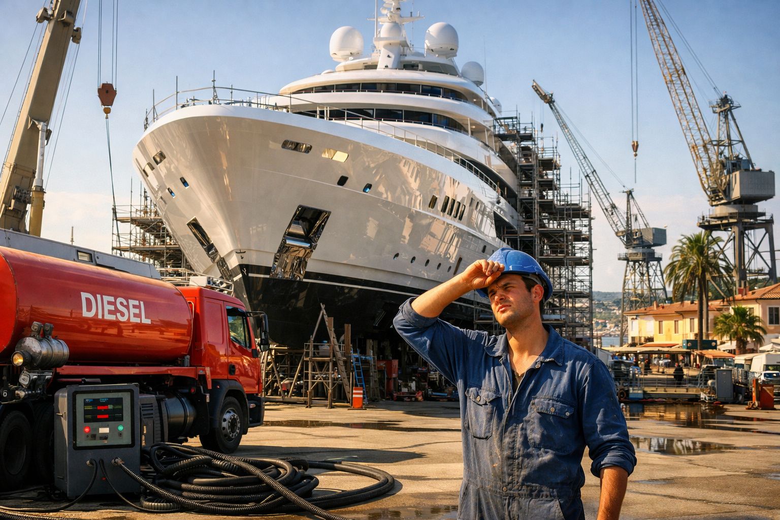 Trabalhador com capacete azul junto a camião de diesel em estaleiro com iate a ser reparado ao fundo.