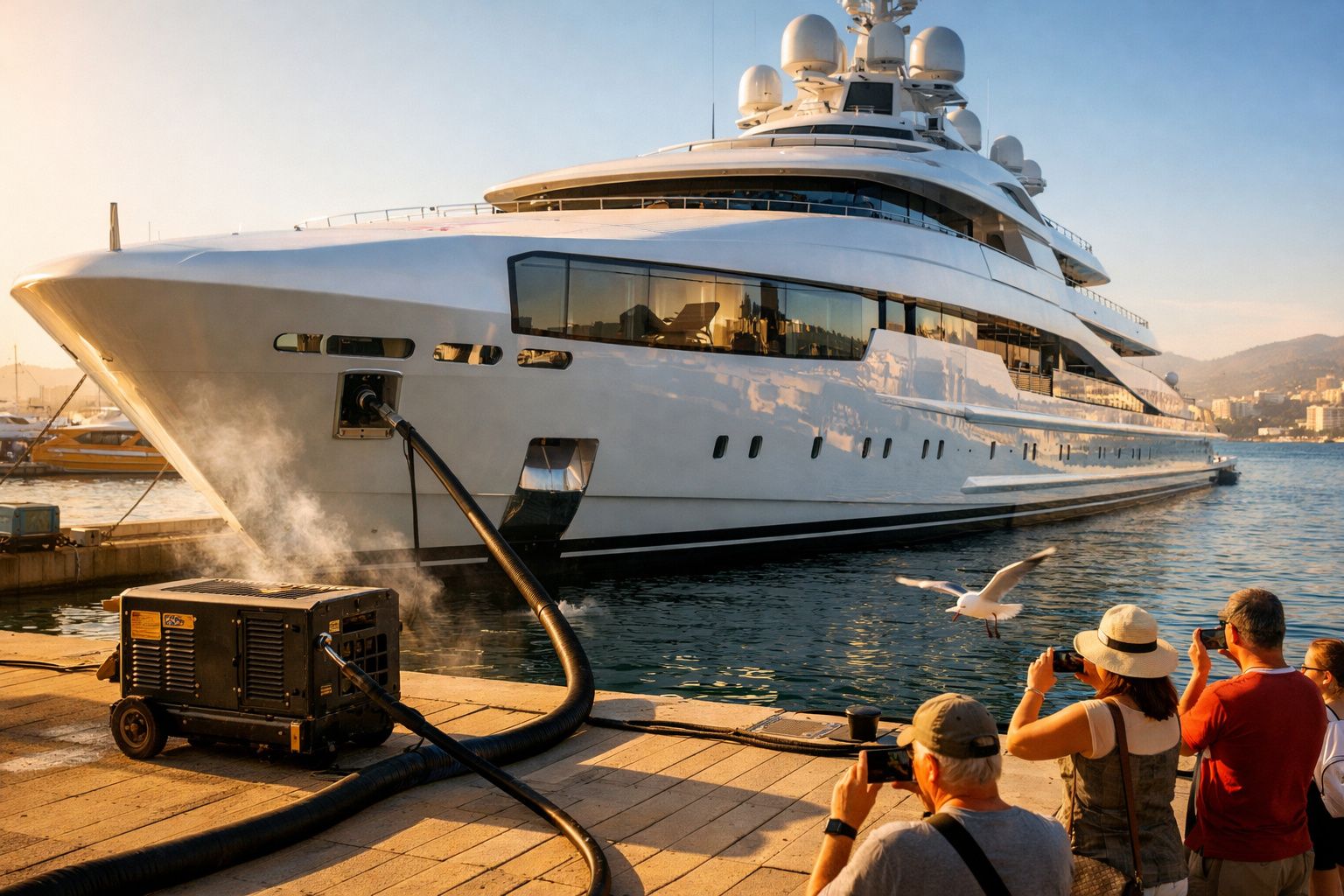 Iate de luxo atracado num porto ao pôr do sol com várias pessoas a fotografar e um gerador ligado.