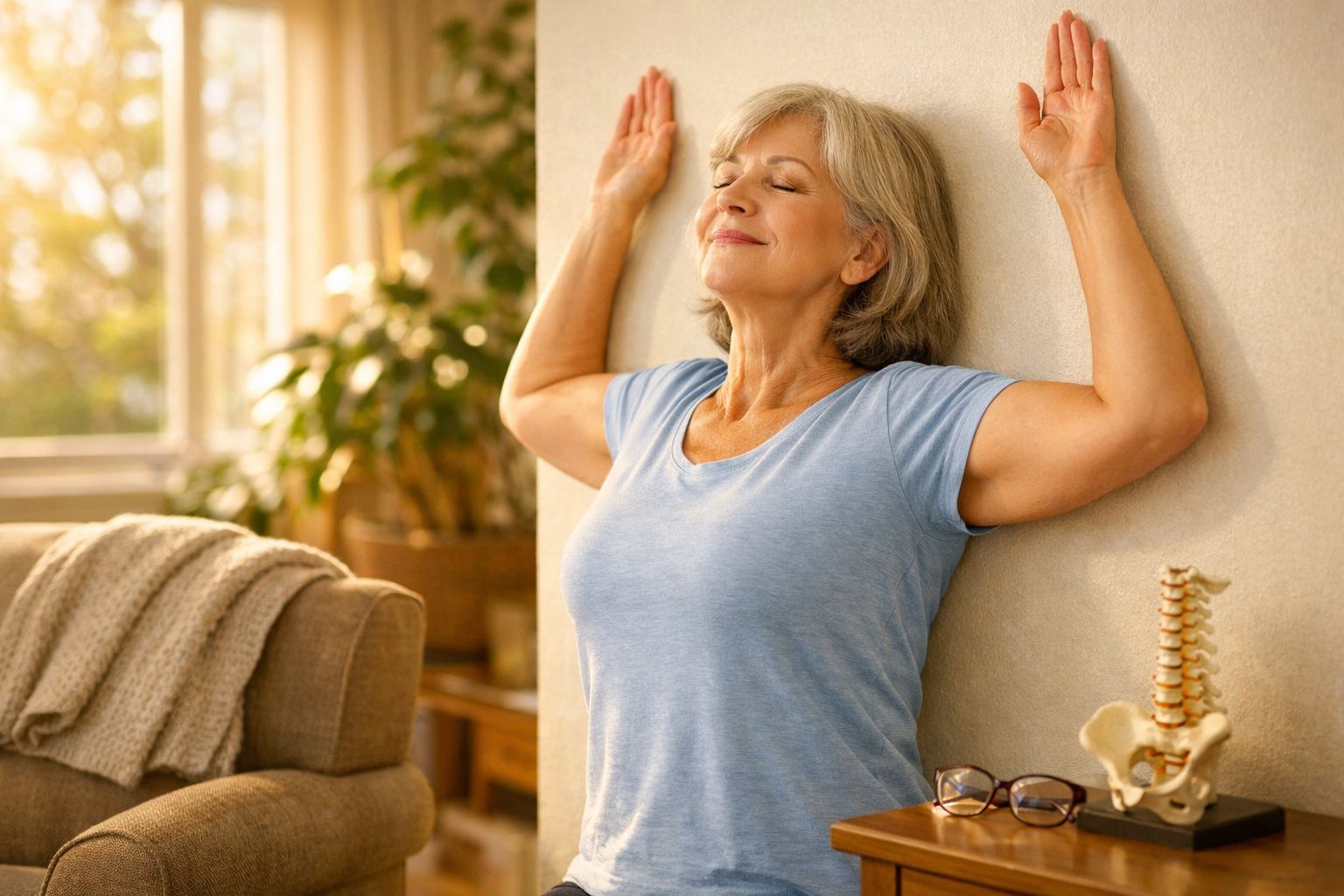 Mulher sénior a fazer exercício de alongamento encostada a uma parede, num ambiente acolhedor e luminoso.
