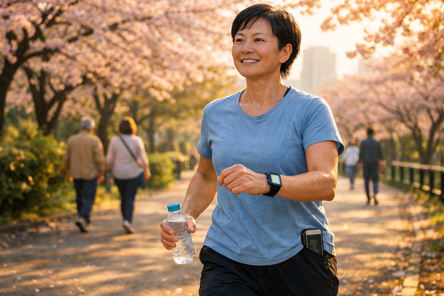 Mulher a correr num parque com árvores floridas, segurando uma garrafa de água e sorrindo.