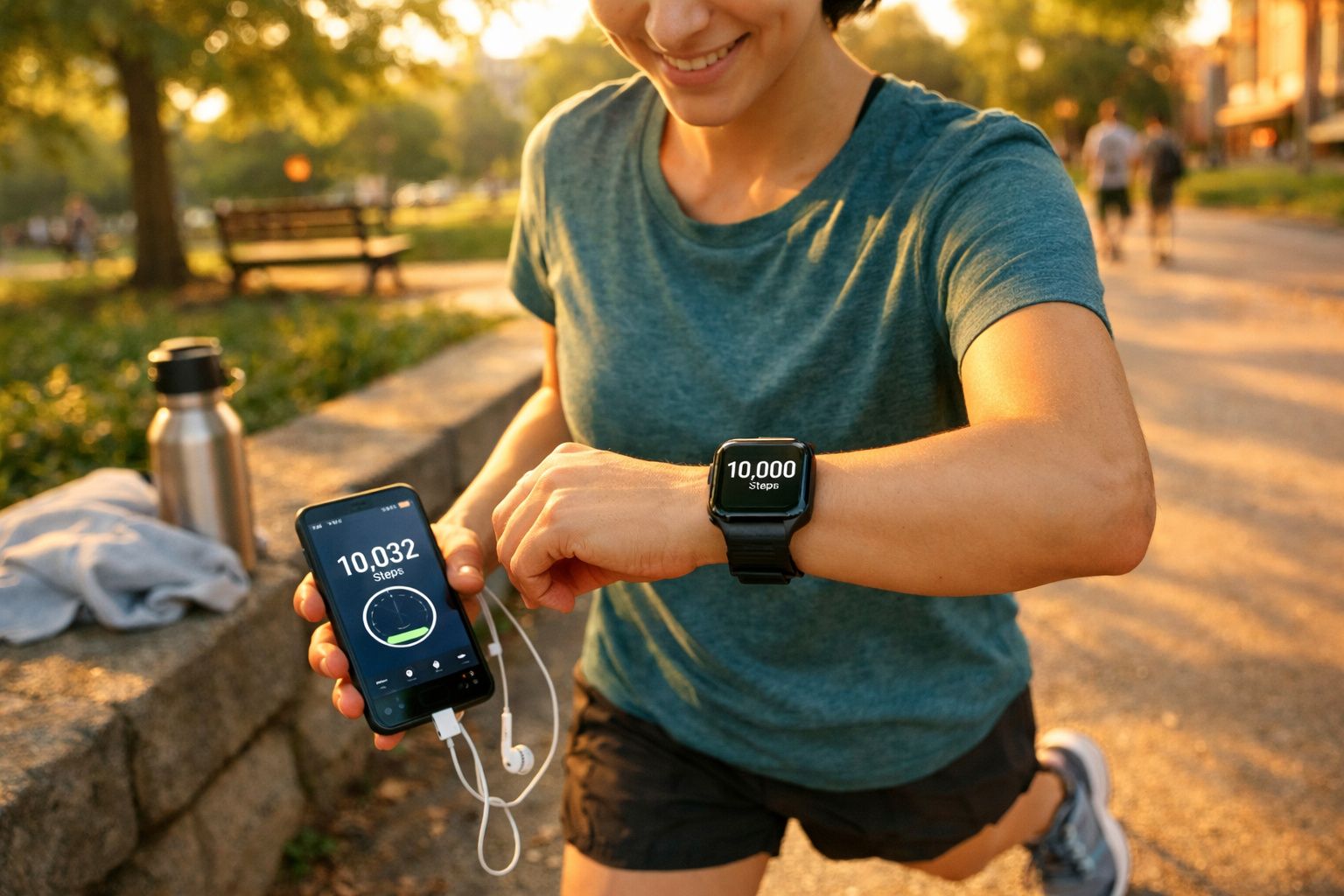 Pessoa a verificar um smartphone e um relógio com a contagem de passos num parque ao entardecer.