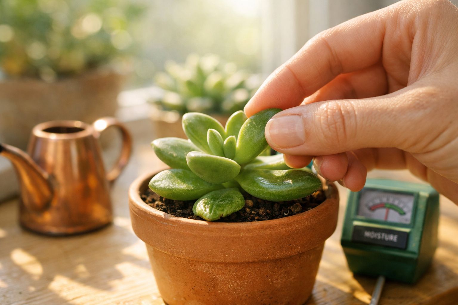 Mão a tocar folha de suculenta verde em vaso de barro com regador e medidor de humidade ao fundo.