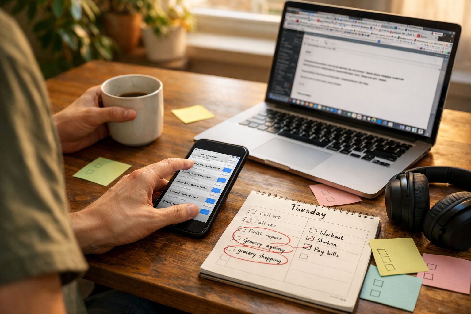 Pessoa a trabalhar numa secretária com computador portátil, telemóvel, caderno de tarefas e caneca de café.