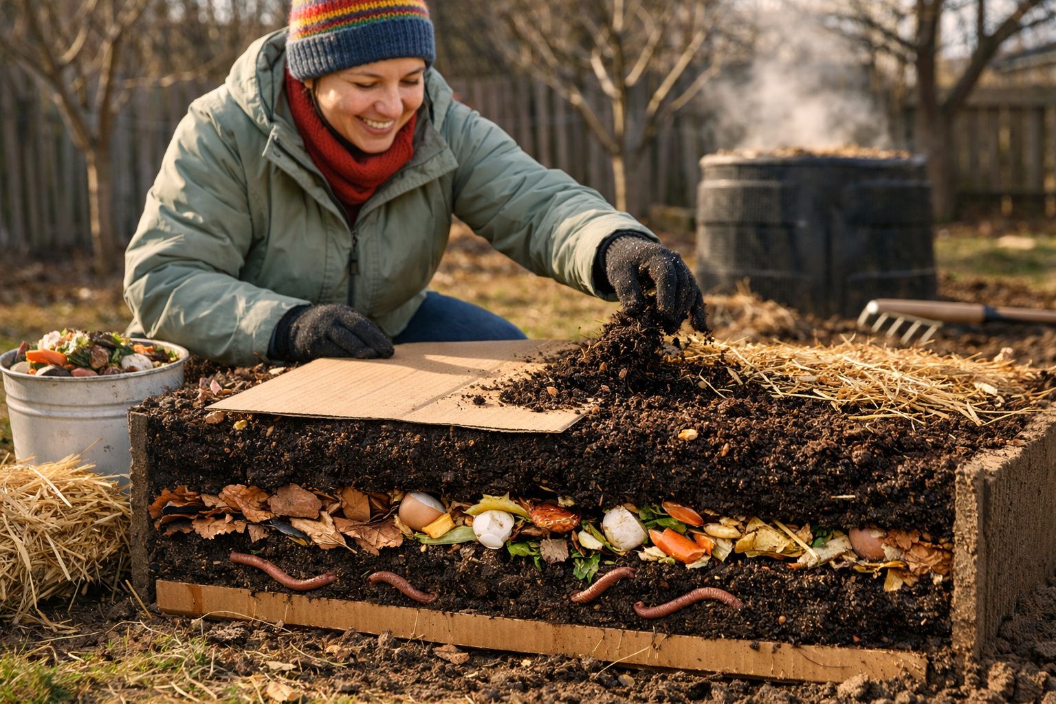 Pessoa a preparar uma compostagem em camadas com restos orgânicos, terra, palha e minhocas num jardim.