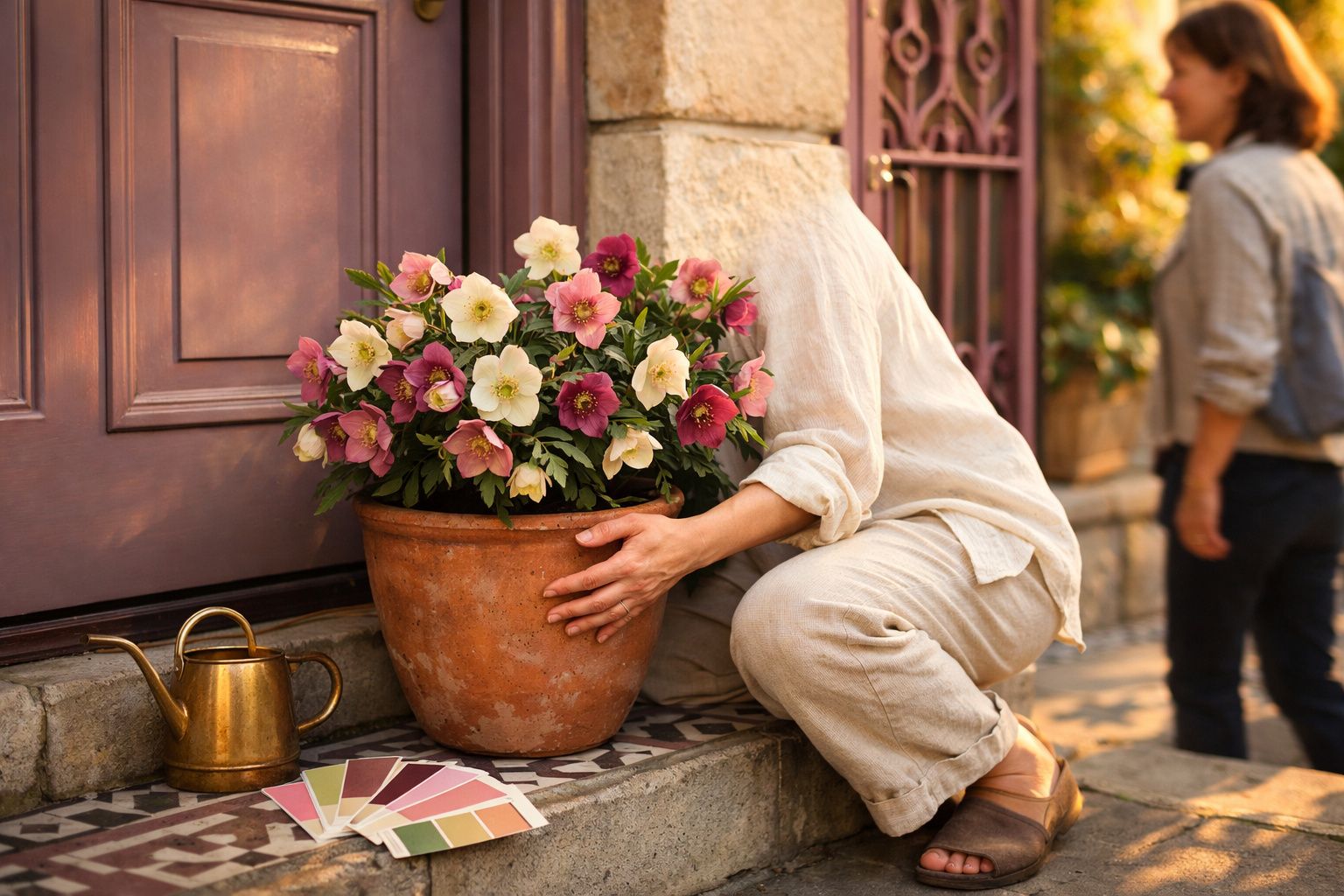 Pessoa a rearranjar vaso de flores coloridas junto a porta, com regador e amostras de cores.
