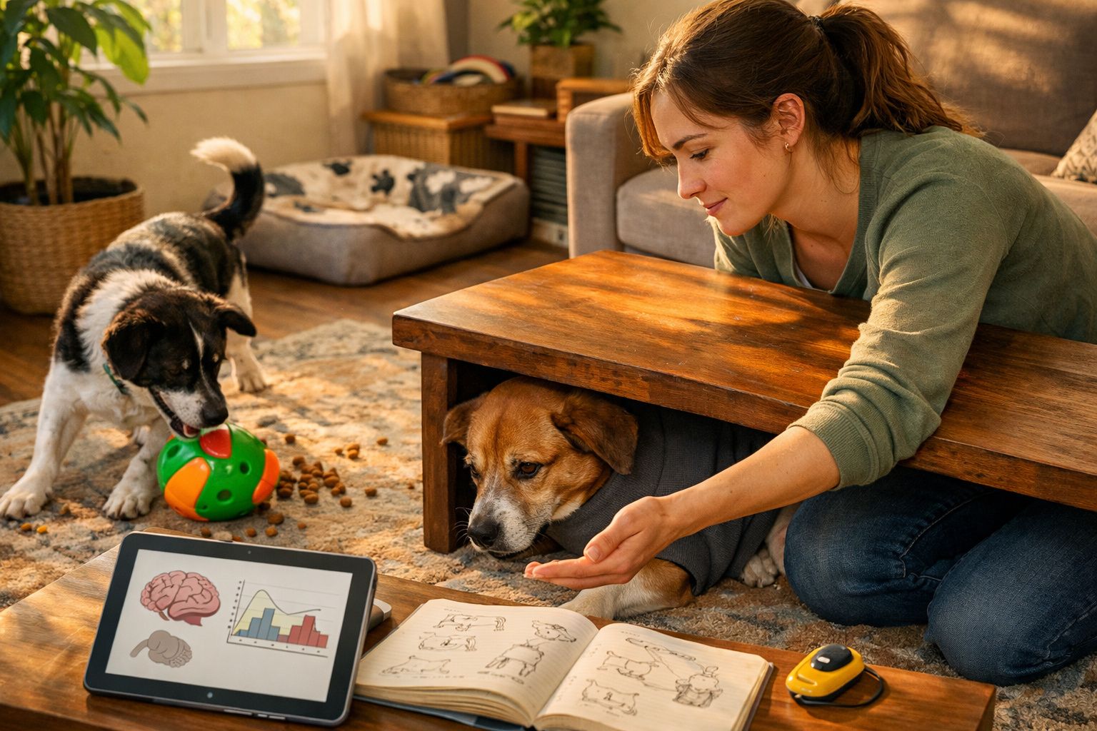 Mulher ensina cães em casa com livros e tablet, um cão debaixo da mesa e outro a brincar com bola.