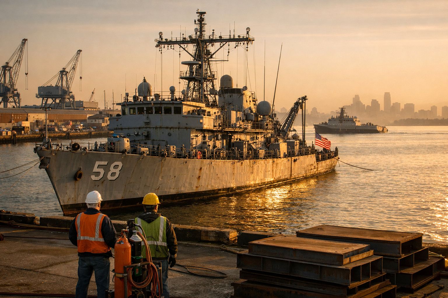 Dois trabalhadores com capacetes observam um navio militar atracado ao pôr do sol num porto industrial.