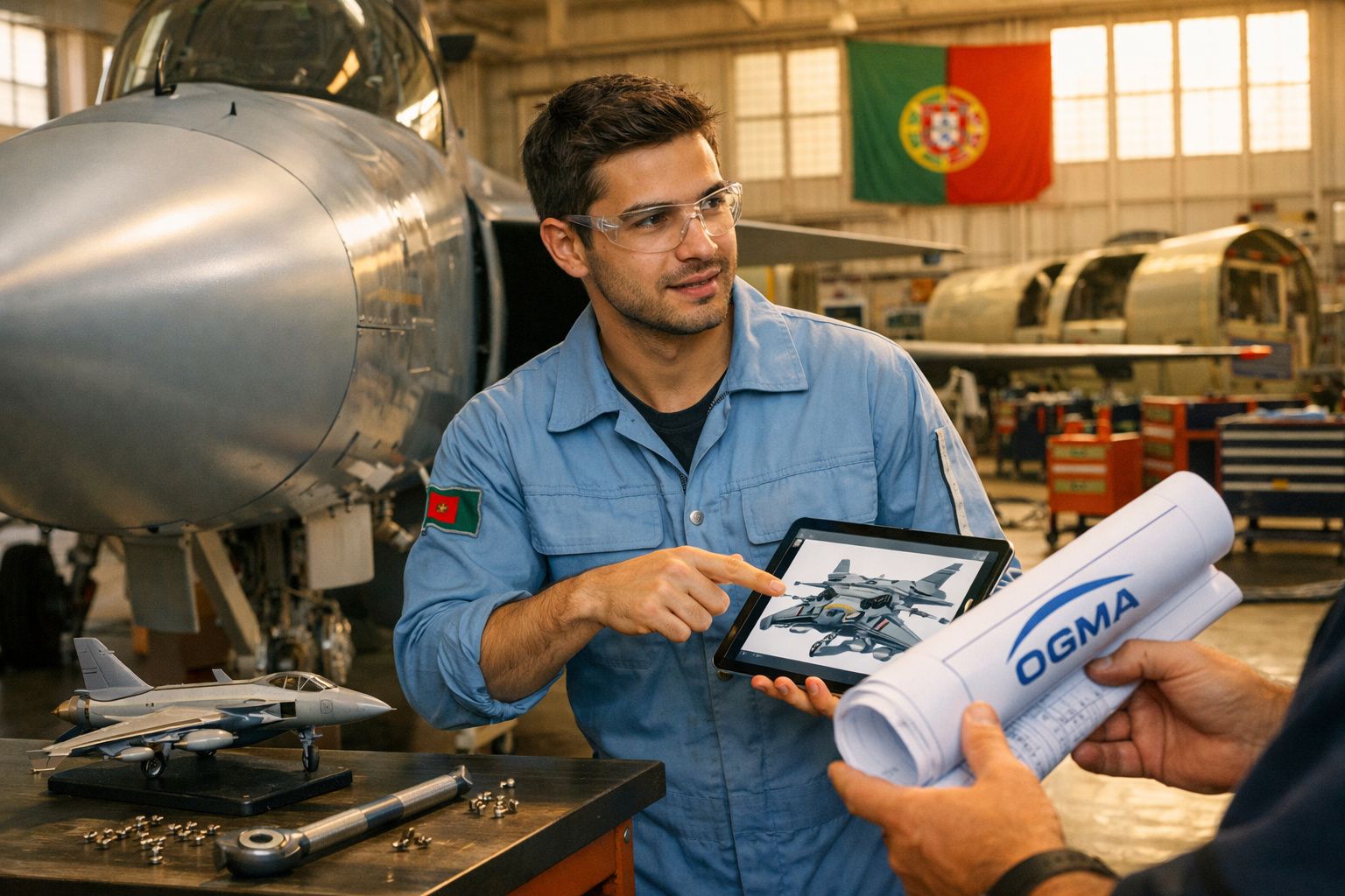 Engenheiro português em oficina aeronáutica analisa projeto 3D de avião com modelo e plantas técnicas.