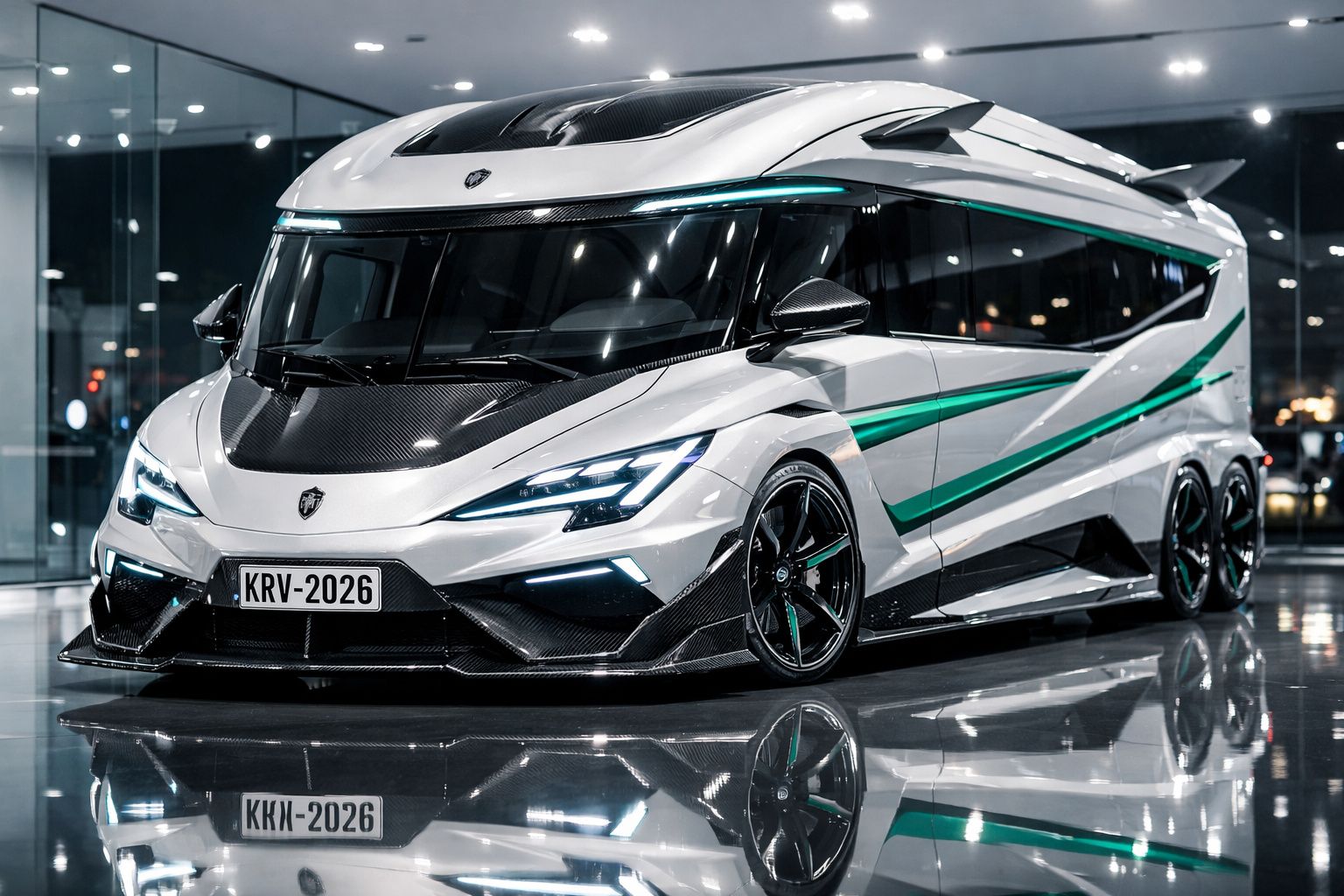 Autocaravana branca moderna com linhas verdes e design aerodinâmico exposta em ambiente interior iluminado.