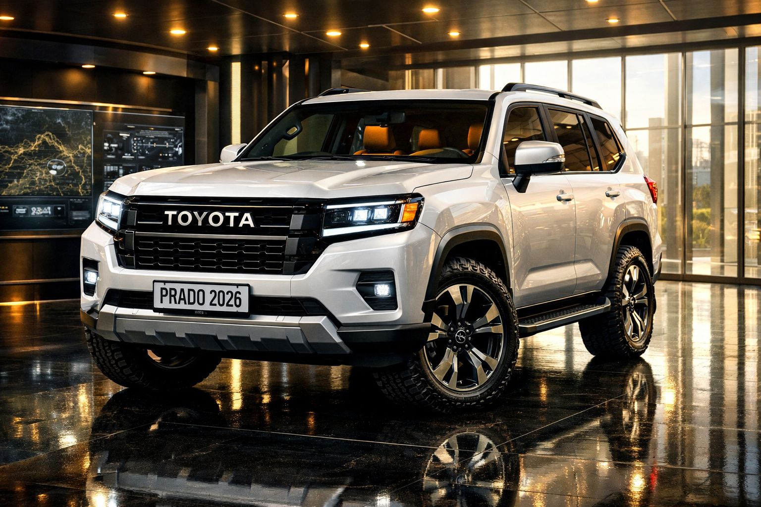 Toyota Prado 2026 branco estacionado em interior moderno com chão espelhado e luz natural.