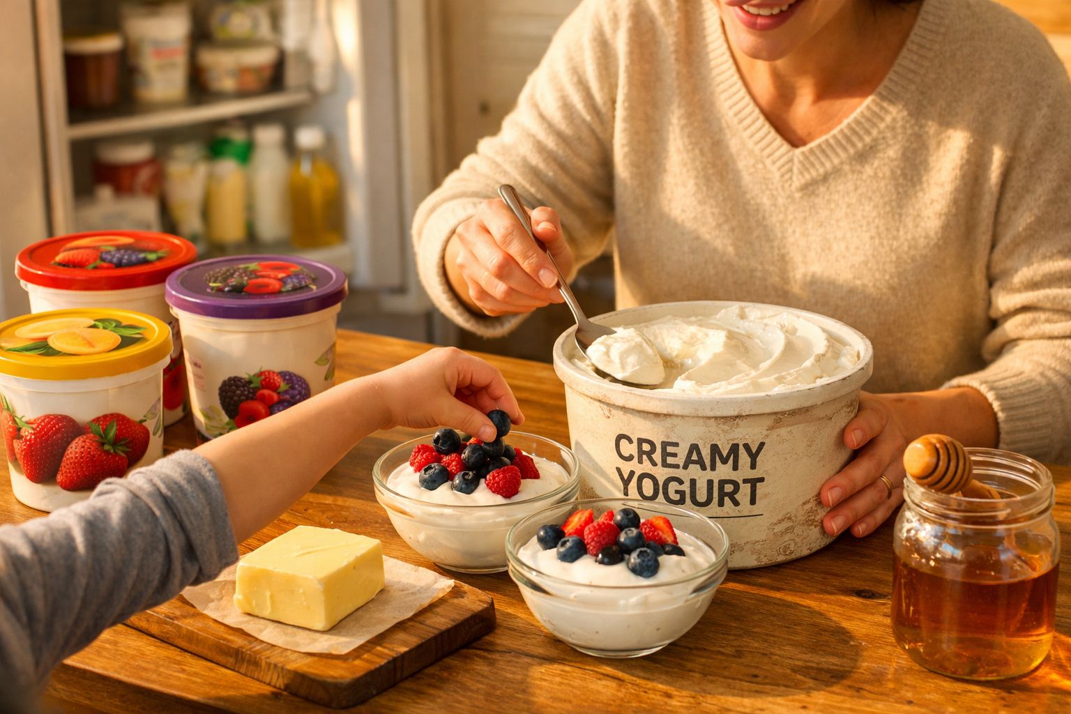 Mãos de adulto e criança a preparar taças de iogurte cremoso com frutos vermelhos e mel numa mesa de madeira.