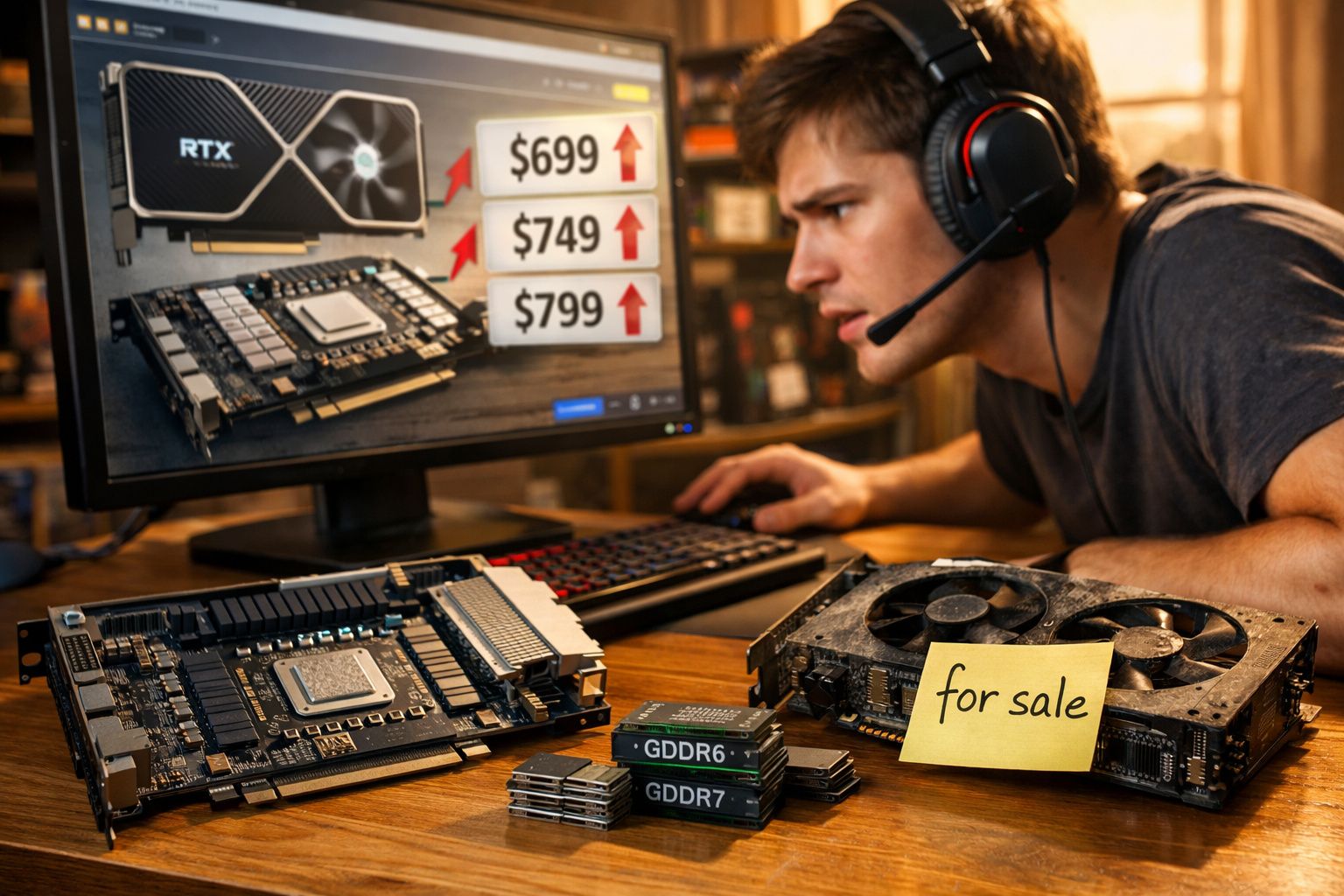 Jovem com headset analisa preços de placas gráficas num monitor, com componentes eletrónicos e placa à venda na mesa.