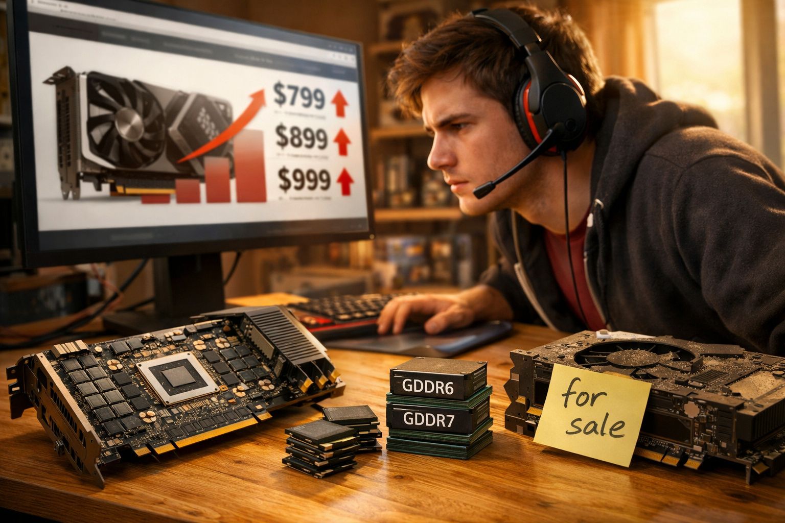 Jovem com headphones analisa preços crescentes de placas gráficas mostrados num monitor com componentes eletrónicos na mesa.