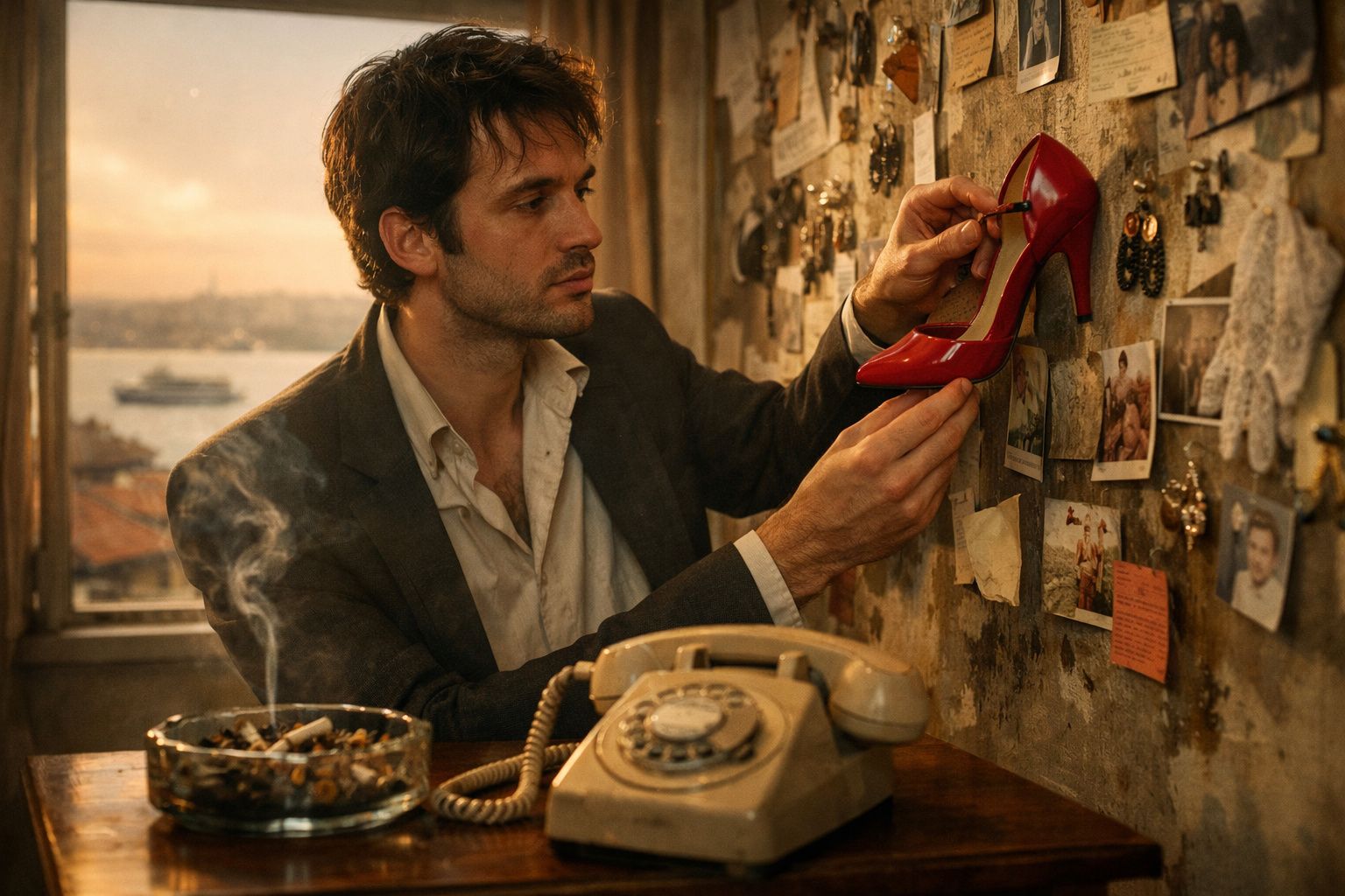 Homem coloca sapato vermelho num mural com fotografias e notas, numa sala com telefone antigo e cinzeiro com cigarros.
