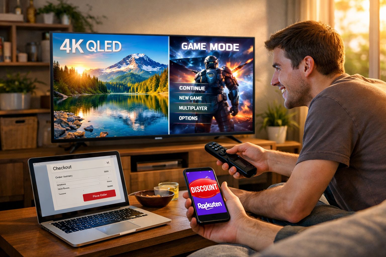 Homem sentado no sofá com comando e telemóvel, e portátil com encomenda, TV com modo de jogo e imagem 4K QLED.
