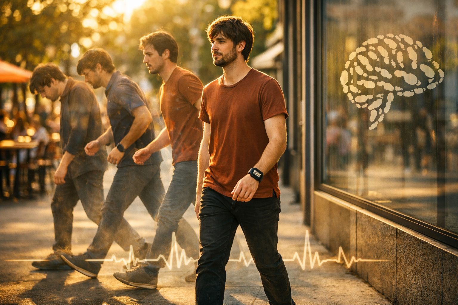 Homem a caminhar na rua com múltiplas imagens em movimento e símbolos de cérebro e batimento cardíaco digitalizados.
