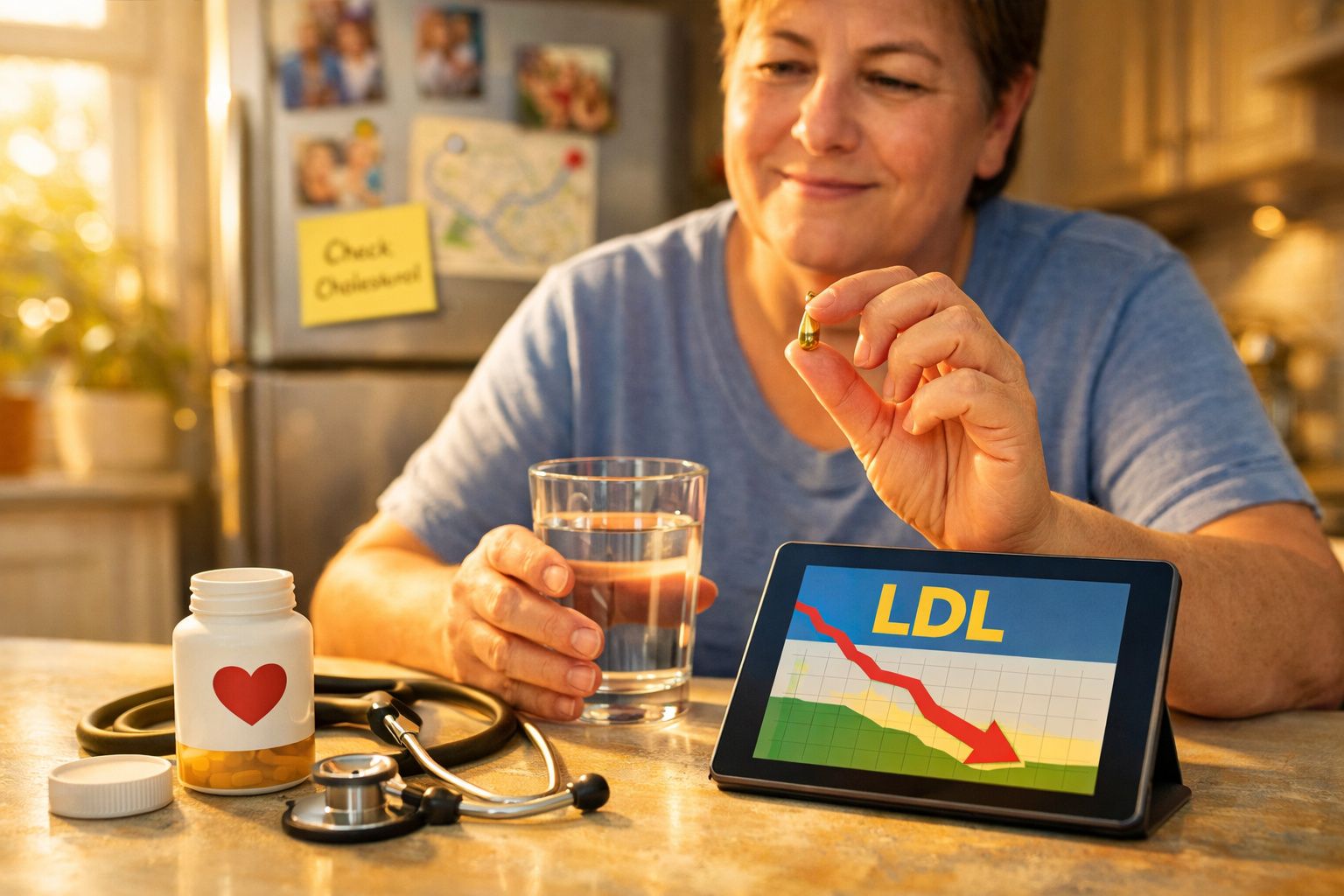 Pessoa a tomar suplemento para baixar colesterol LDL, com copo de água e gráfico a mostrar diminuição no ecrã.