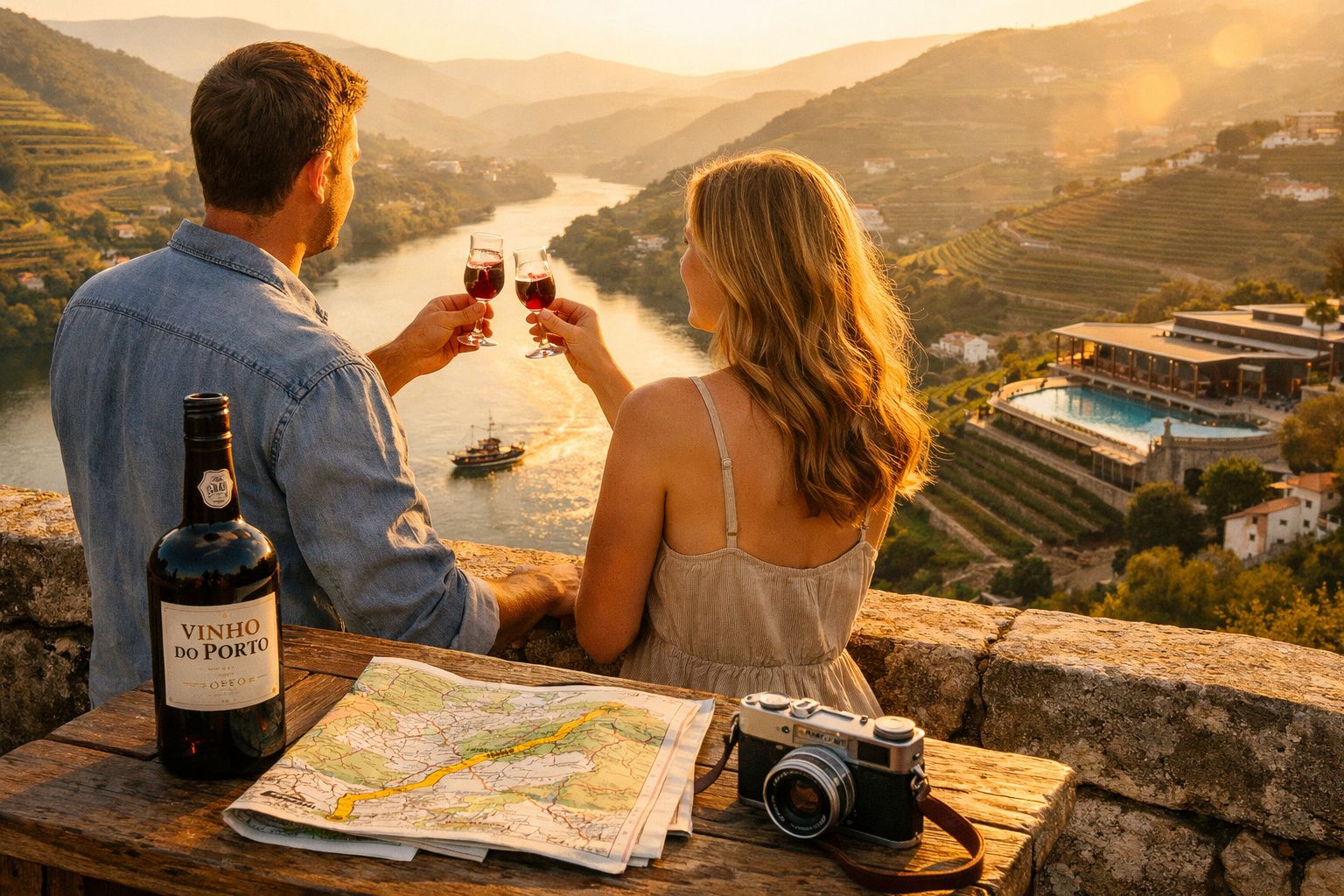 Casal a brindar com vinho do Porto no Douro ao pôr do sol, com mapa e máquina fotográfica na mesa.