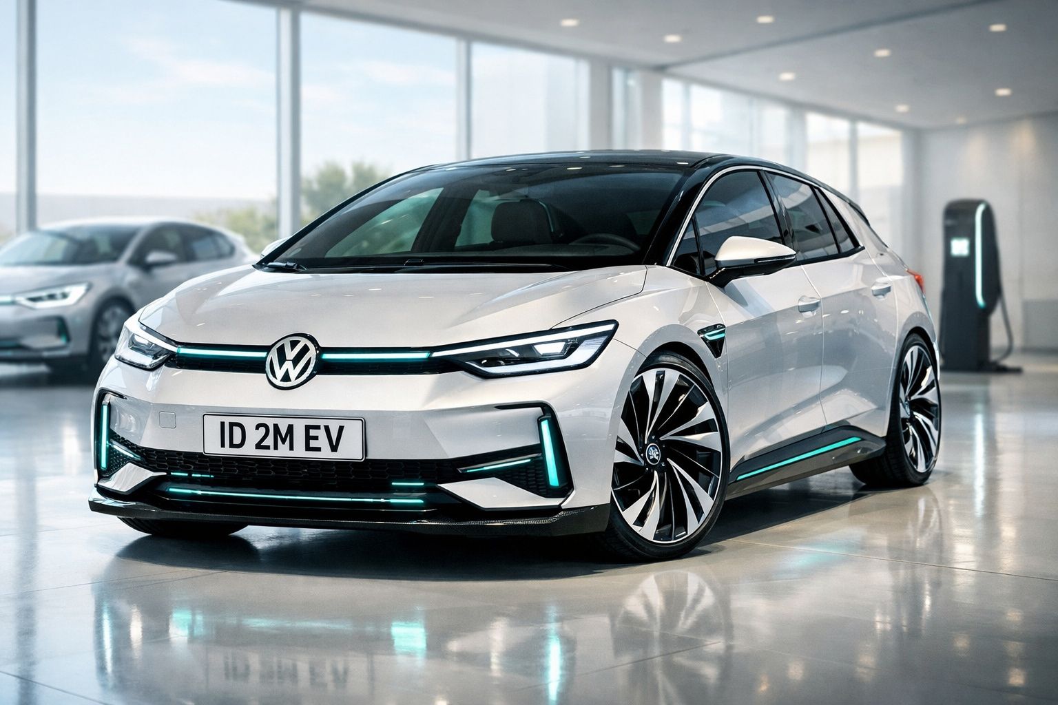 Carro elétrico Volkswagen ID 2 M EV branco em exposição numa sala moderna e iluminada.