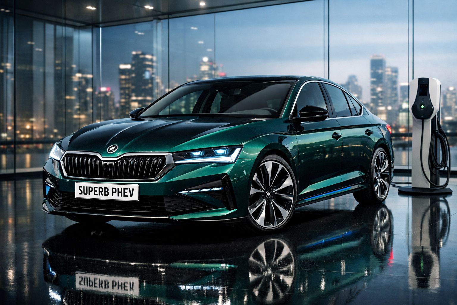 Carro híbrido Skoda Superb PHEV verde escuro estacionado junto a posto de carregamento elétrico com cidade iluminada ao fundo