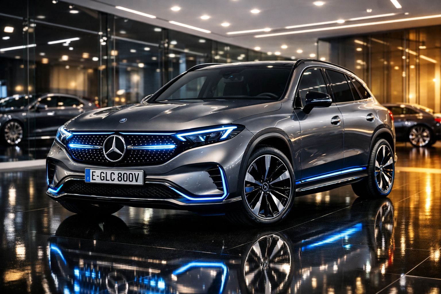 Carro elétrico Mercedes-Benz cinza com luzes azuis em showroom moderno refletido no chão brilhante