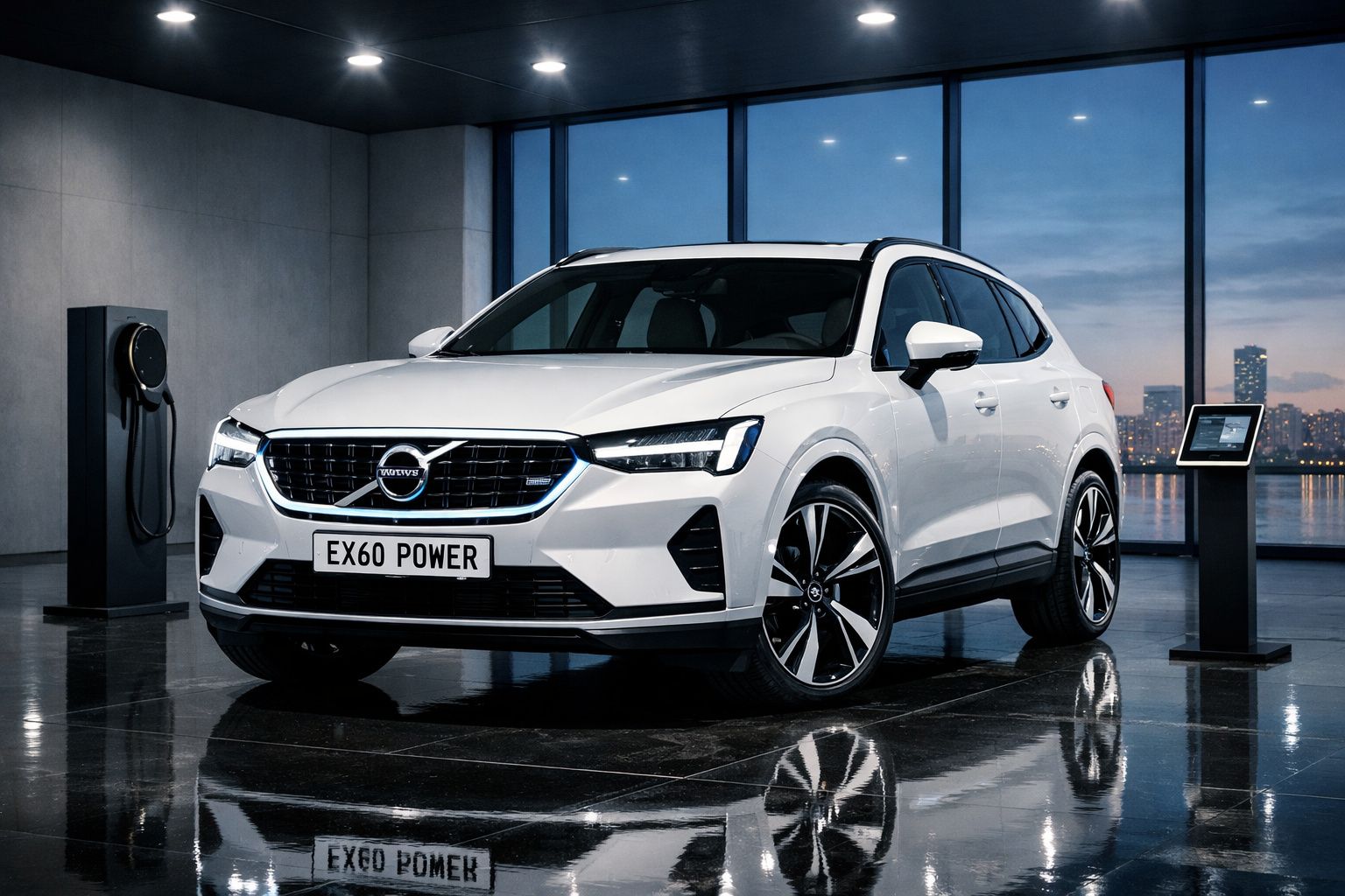 Automóvel Volvo branco modelo EX60 Power numa garagem moderna com painel de carregamento elétrico.