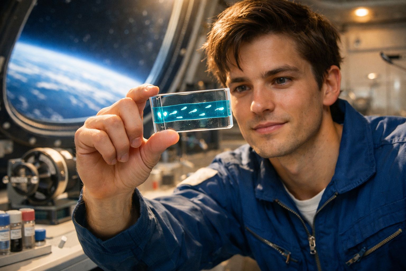 Homem em fato azul segura placa transparente com pequenos peixes, com vista da Terra ao fundo.