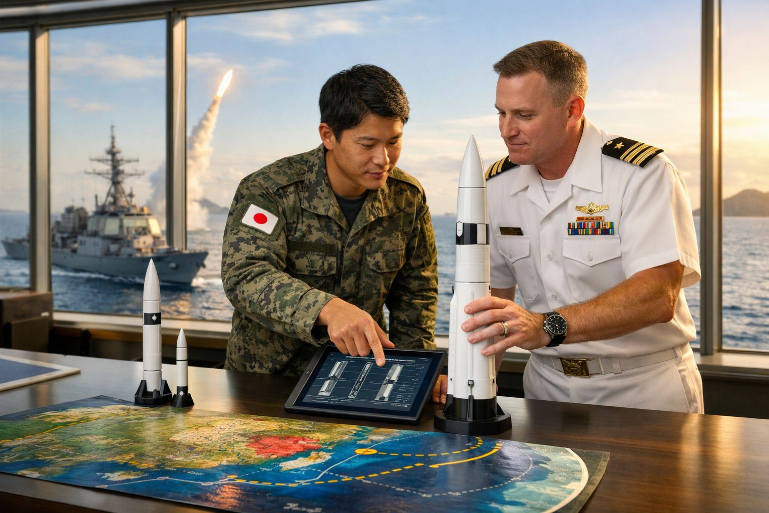 Dois militares, um japonês e outro americano, analisam maquetes de mísseis em sala com vista para mar e navio de guerra.