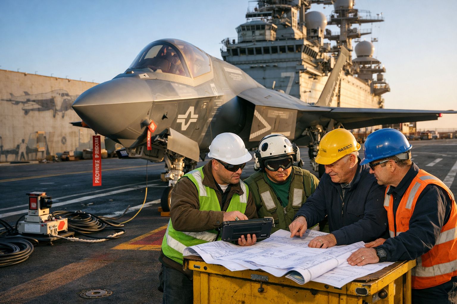 Quatro técnicos com capacetes a analisar plantas junto a um caça F-35 num porta-aviões ao pôr do sol.